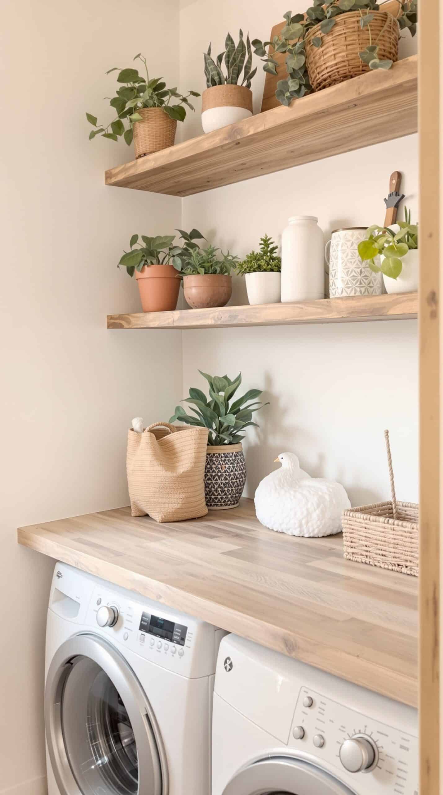 A cozy laundry room featuring rustic wood shelving with potted plants and laundry essentials.