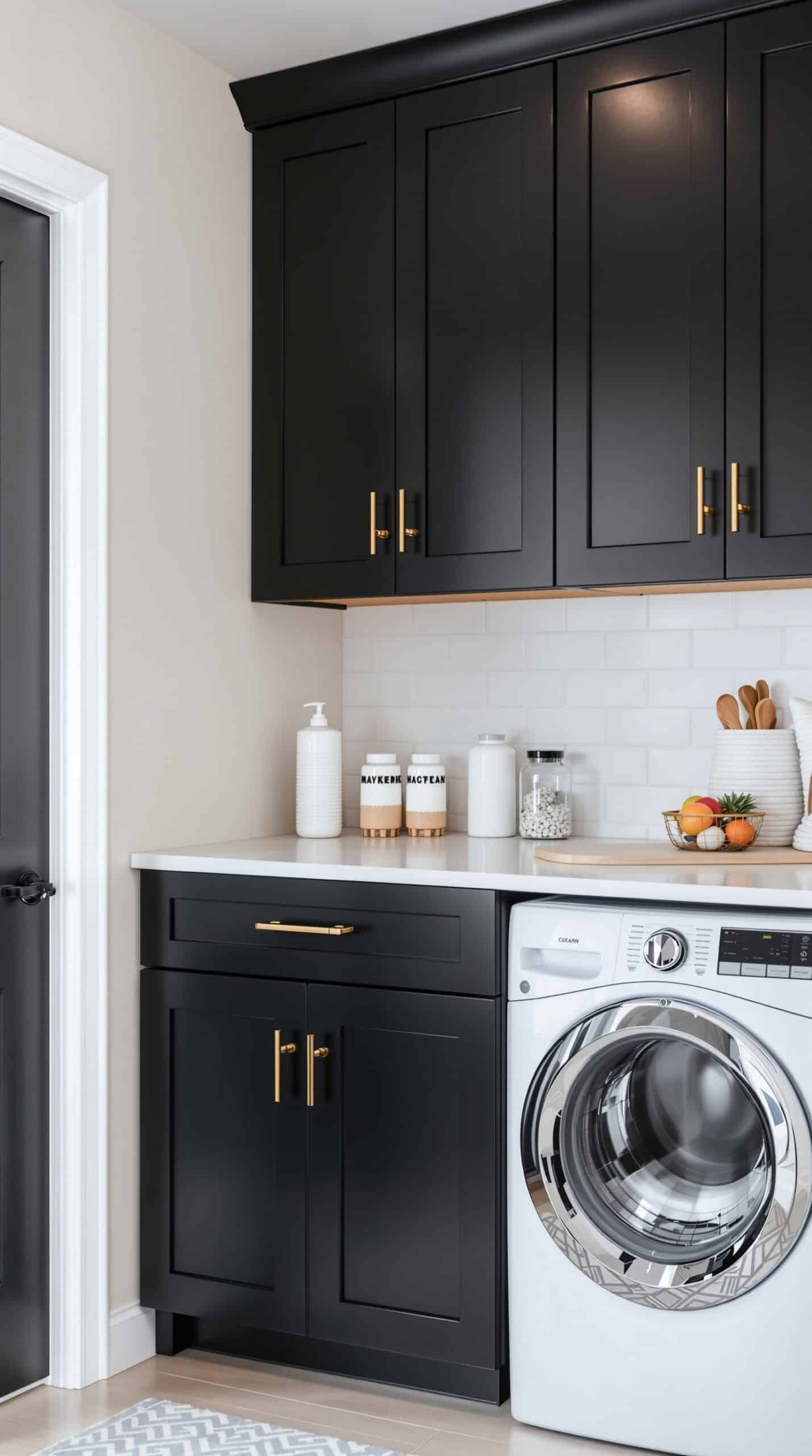 Modern laundry room featuring sleek black cabinets with gold accents