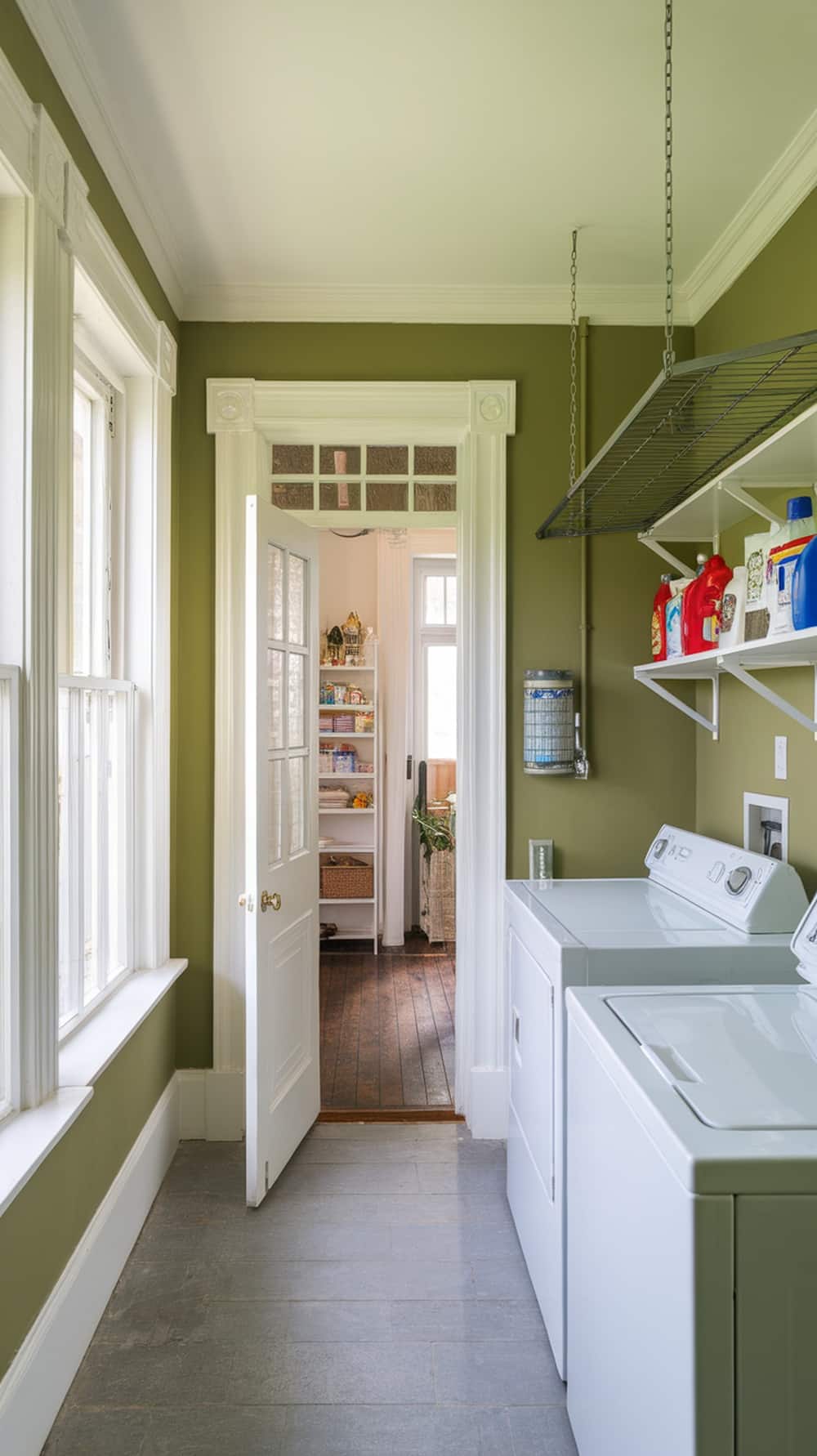 Laundry room featuring olive green walls and bright white trim