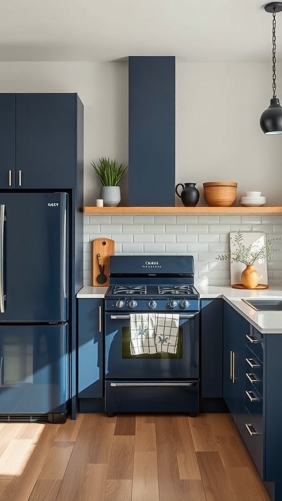 A modern kitchen featuring navy blue appliances, including a refrigerator and stove, with wooden floors and a light backsplash.