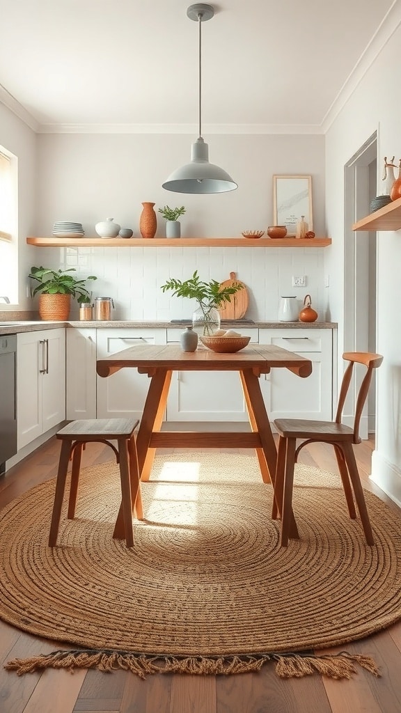A cozy kitchen featuring a round natural fiber rug under a wooden table and chairs.