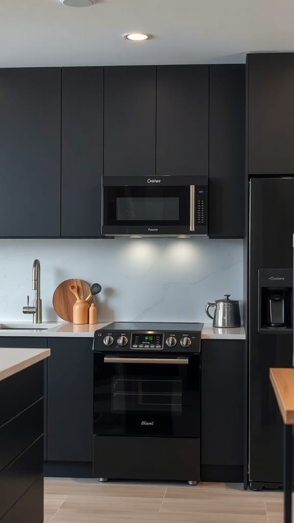 A modern kitchen featuring black appliances, including a stove, microwave, and refrigerator, with dark cabinetry and a light countertop.