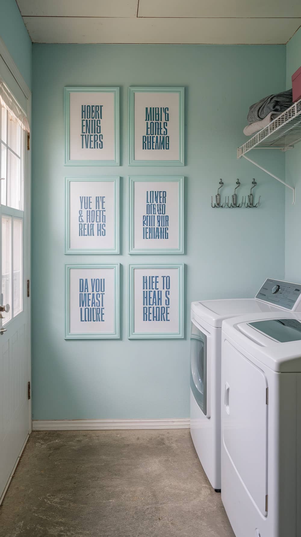 A mint-colored laundry room with framed inspirational quotes on the wall.