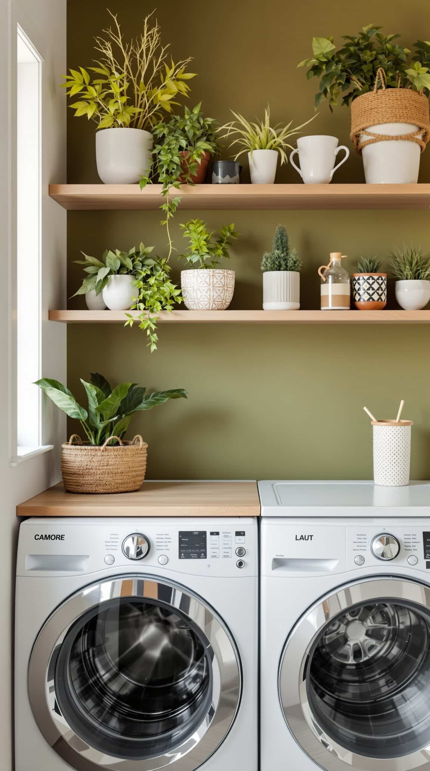Laundry room with olive green accent wall, wooden shelves, and potted plants