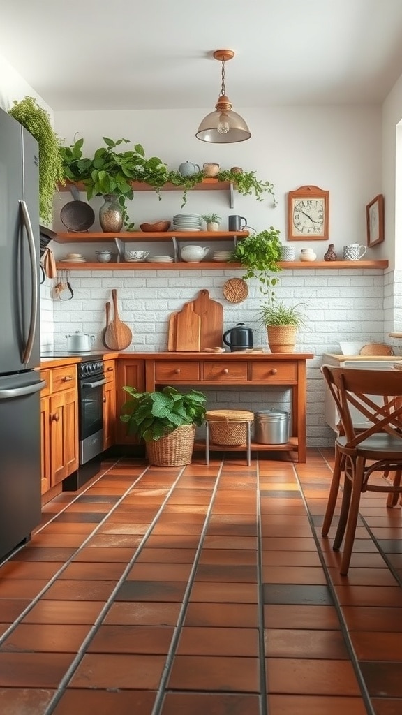 A cozy kitchen featuring terracotta tiles, wooden cabinets, and plants.