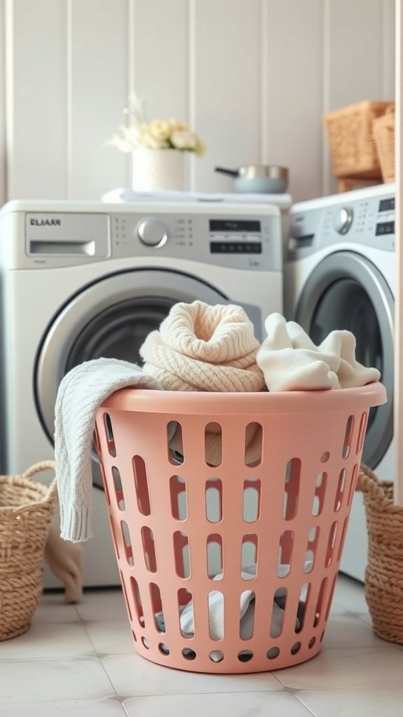 A soft blush laundry basket filled with clothes, placed in a stylish laundry room.