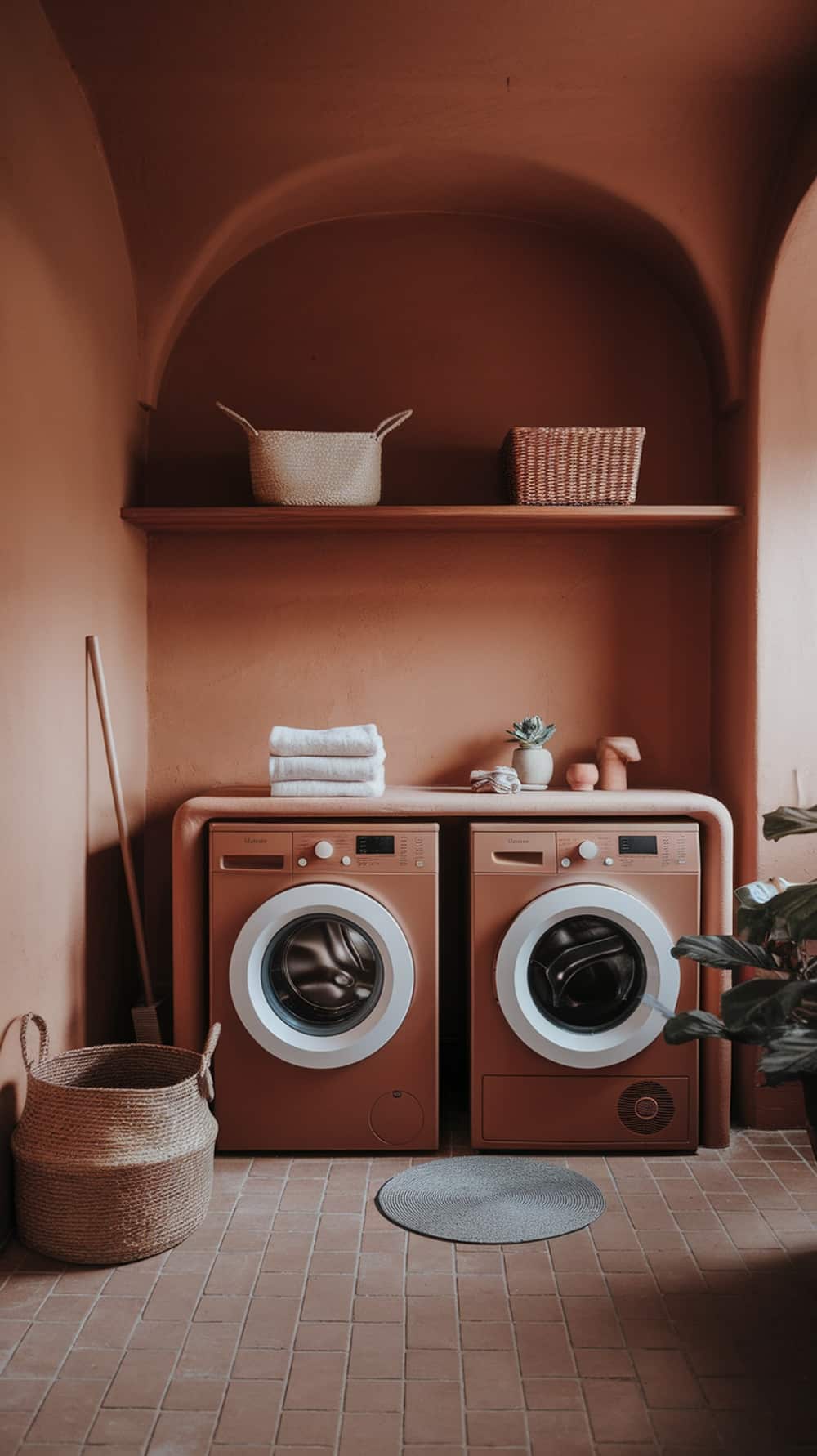 A warm terracotta laundry room featuring terracotta walls, matching washing machines, and natural decor elements.