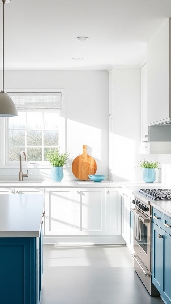 Bright kitchen with slate blue cabinetry and natural light