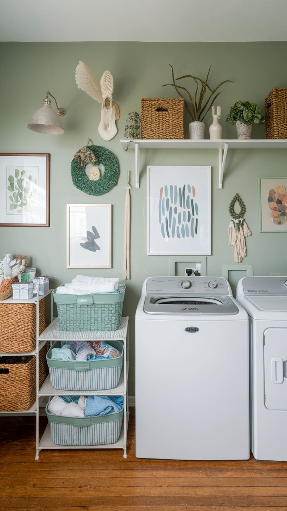 Laundry room with sage green accent wall and various art pieces