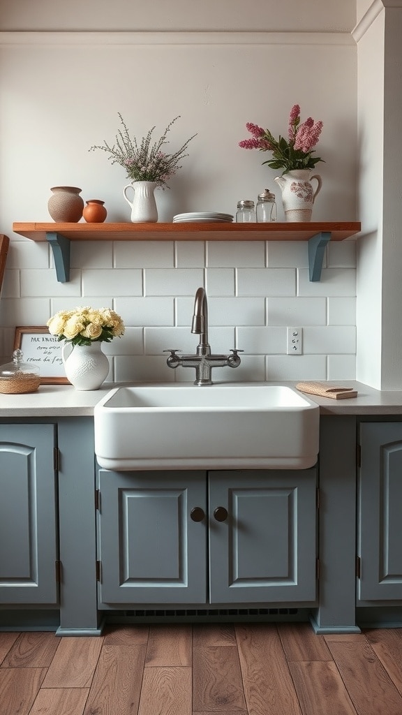A vintage dusty blue kitchen featuring a classic farmhouse sink with decorative items on open shelves.
