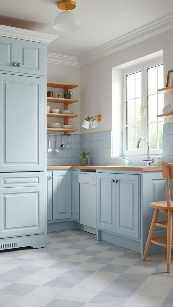 A light blue kitchen featuring checkerboard flooring, wooden countertops, and open shelving.