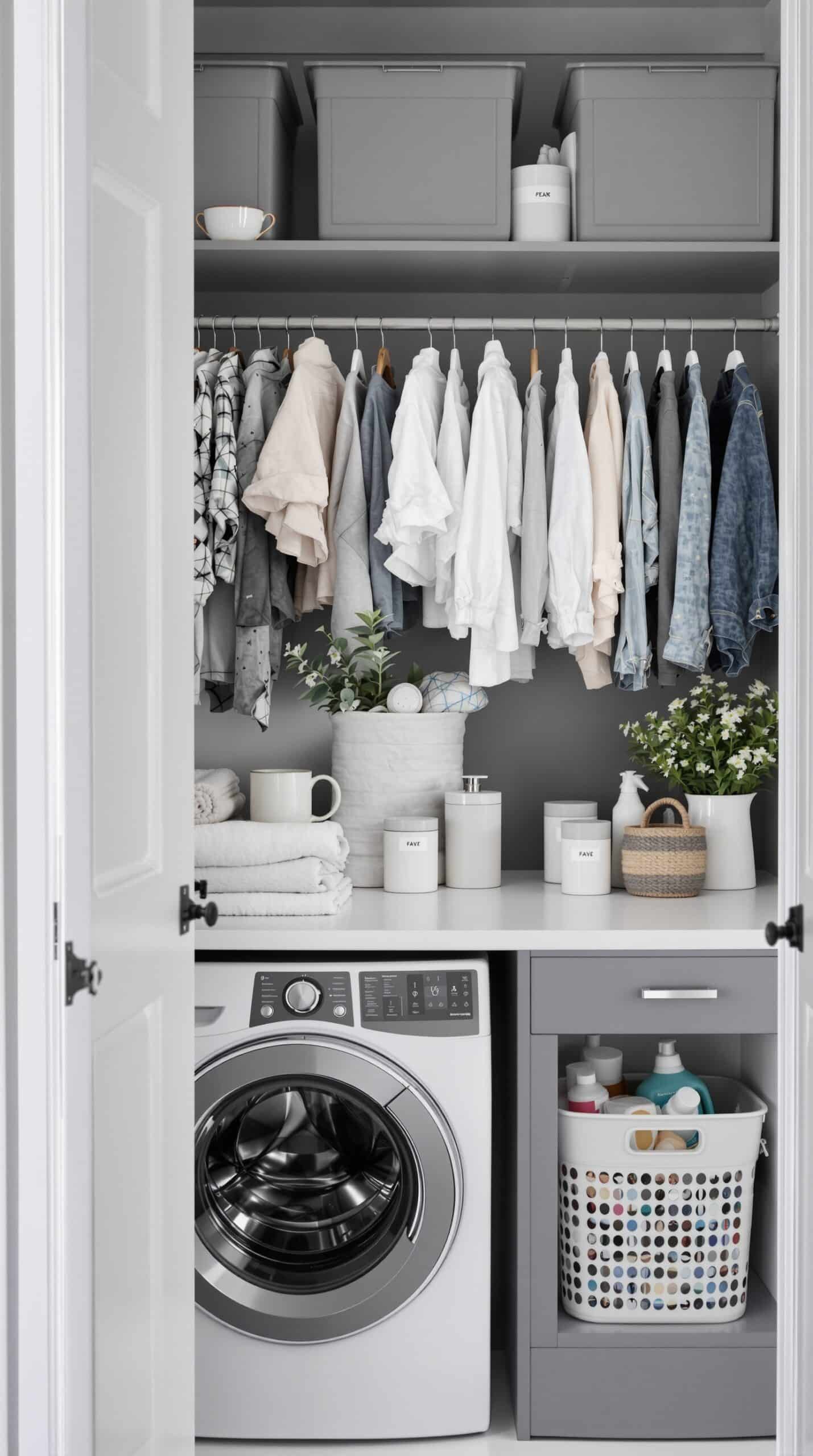 A small, organized laundry room with gray bins, hanging clothes, and a washing machine.