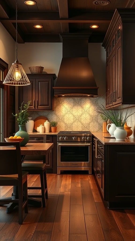 A cozy kitchen featuring chocolate brown wooden cabinets, a wooden table, and modern appliances, illuminated by warm lighting.