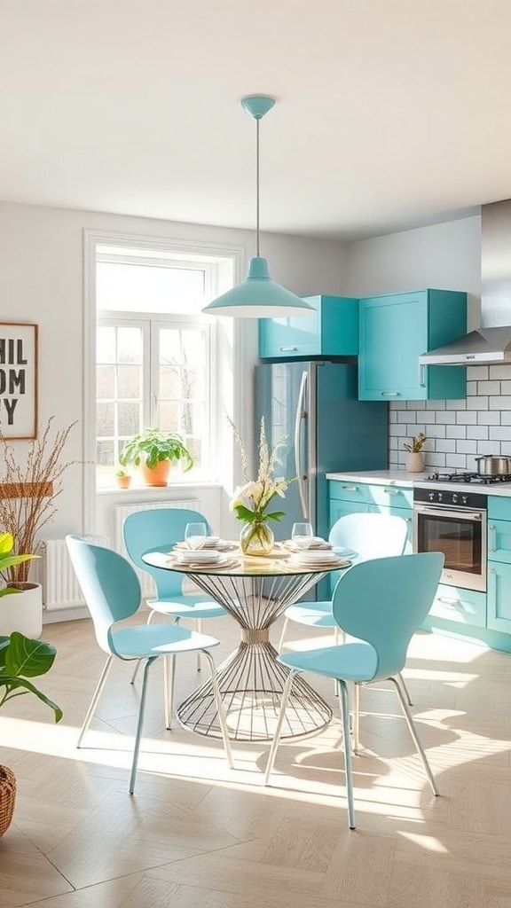 A bright kitchen with a sky blue dining set, featuring a round table and light blue chairs, surrounded by modern cabinetry and natural light.