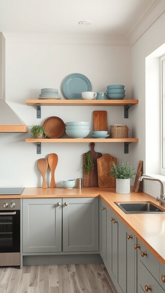 A modern kitchen with open shelving displaying dusty blue plates and wooden accents.
