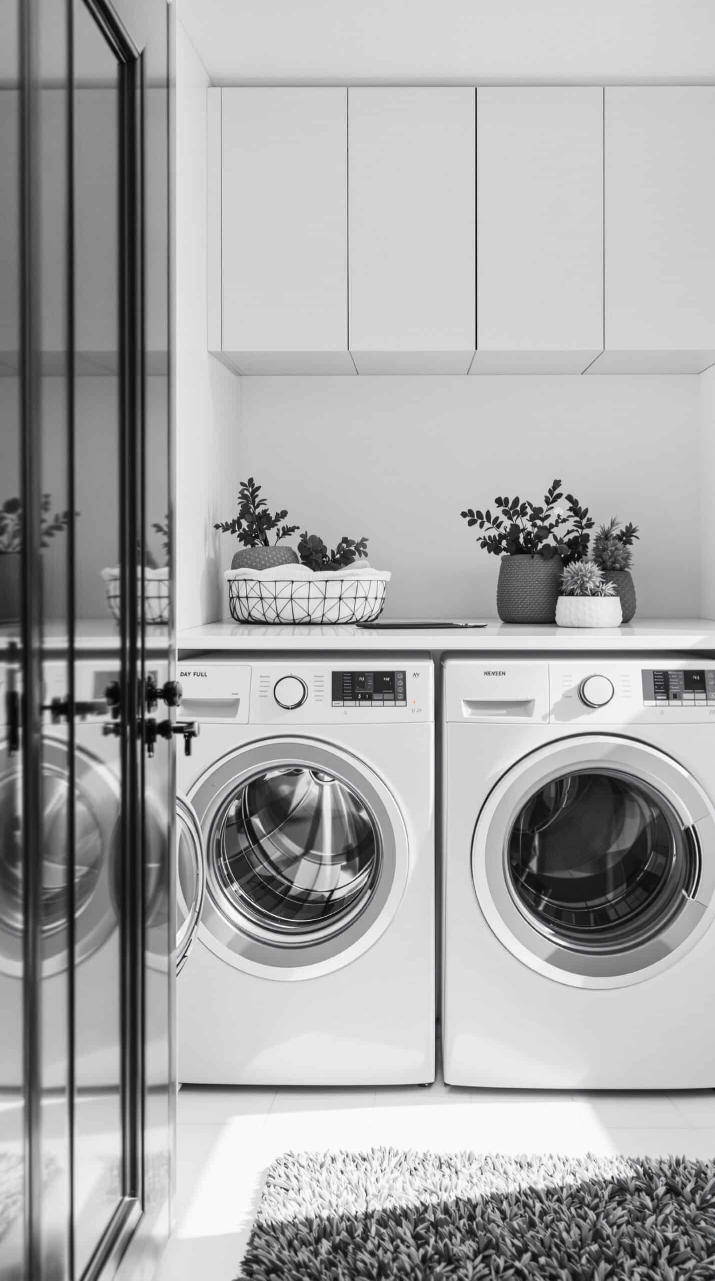 A minimalist black and white laundry room featuring white cabinets, modern washing machines, and decorative plants.