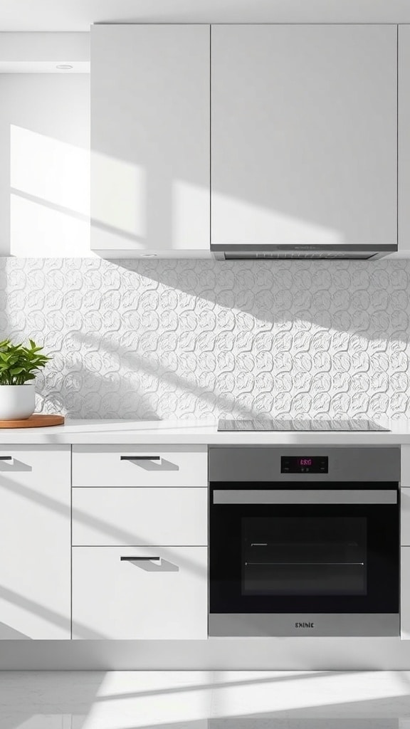Minimalist white kitchen with a textured backsplash, sleek cabinetry, and a potted plant.