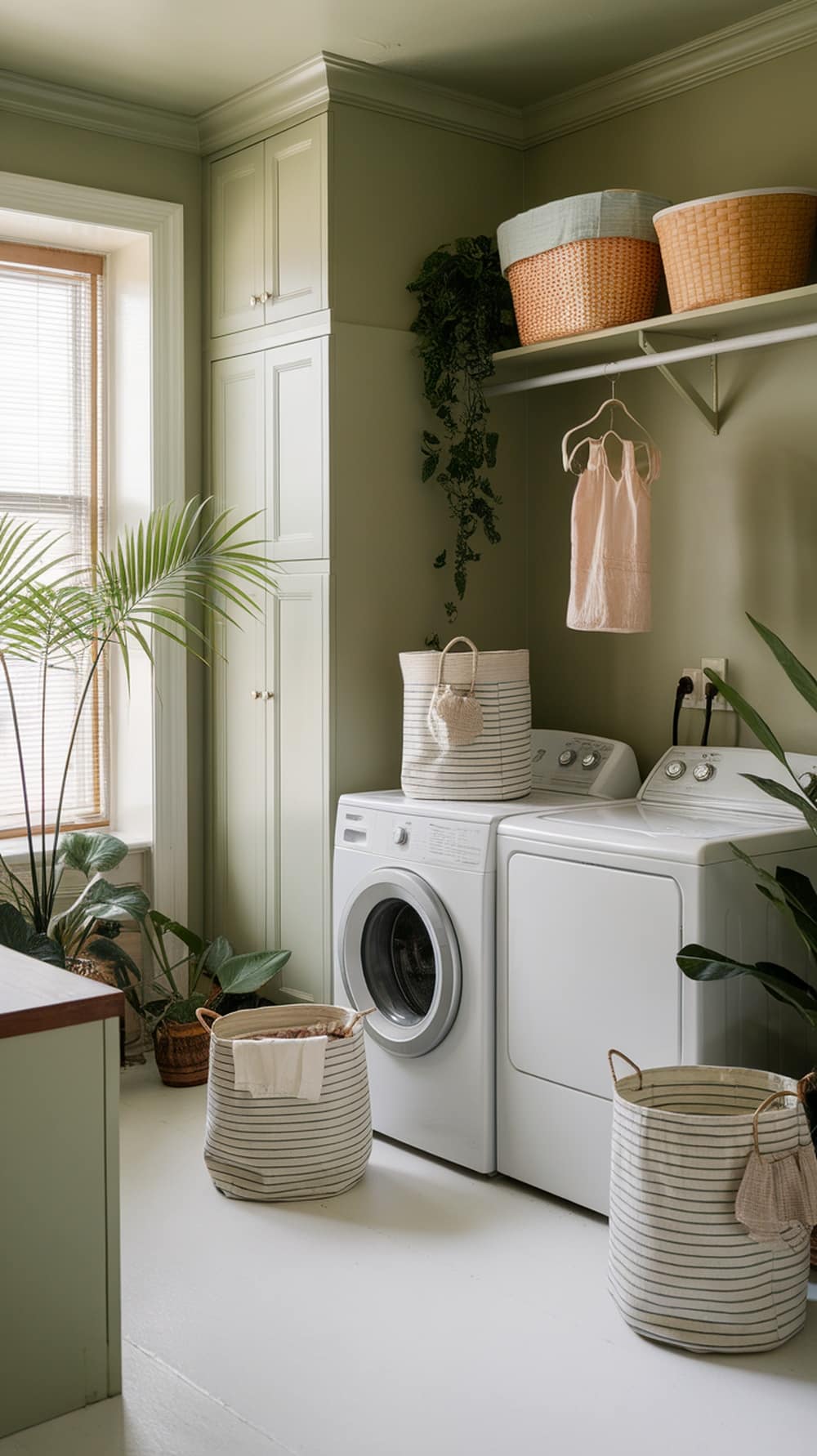 Laundry room featuring sage green walls, white appliances, and natural decor elements