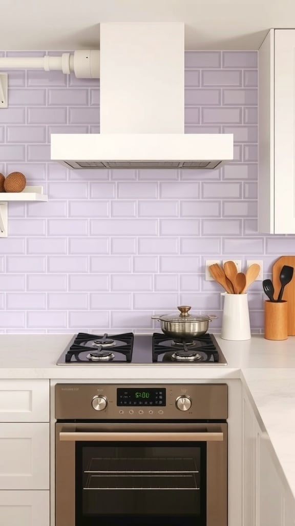 A kitchen featuring a soft lavender backsplash with white cabinetry and stainless steel appliances.