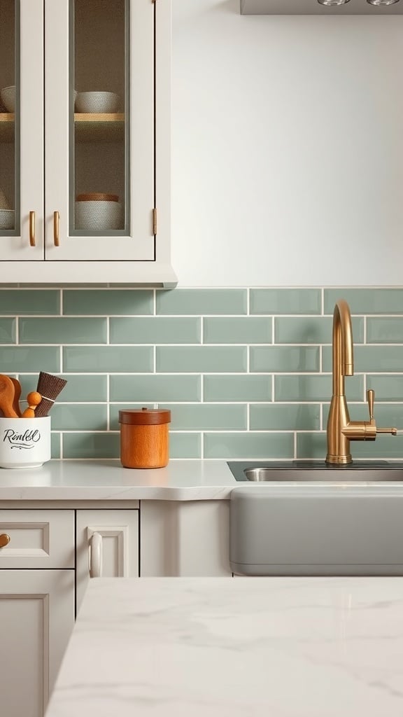 Stylish sage green backsplash in a modern kitchen with light cabinetry and gold accents