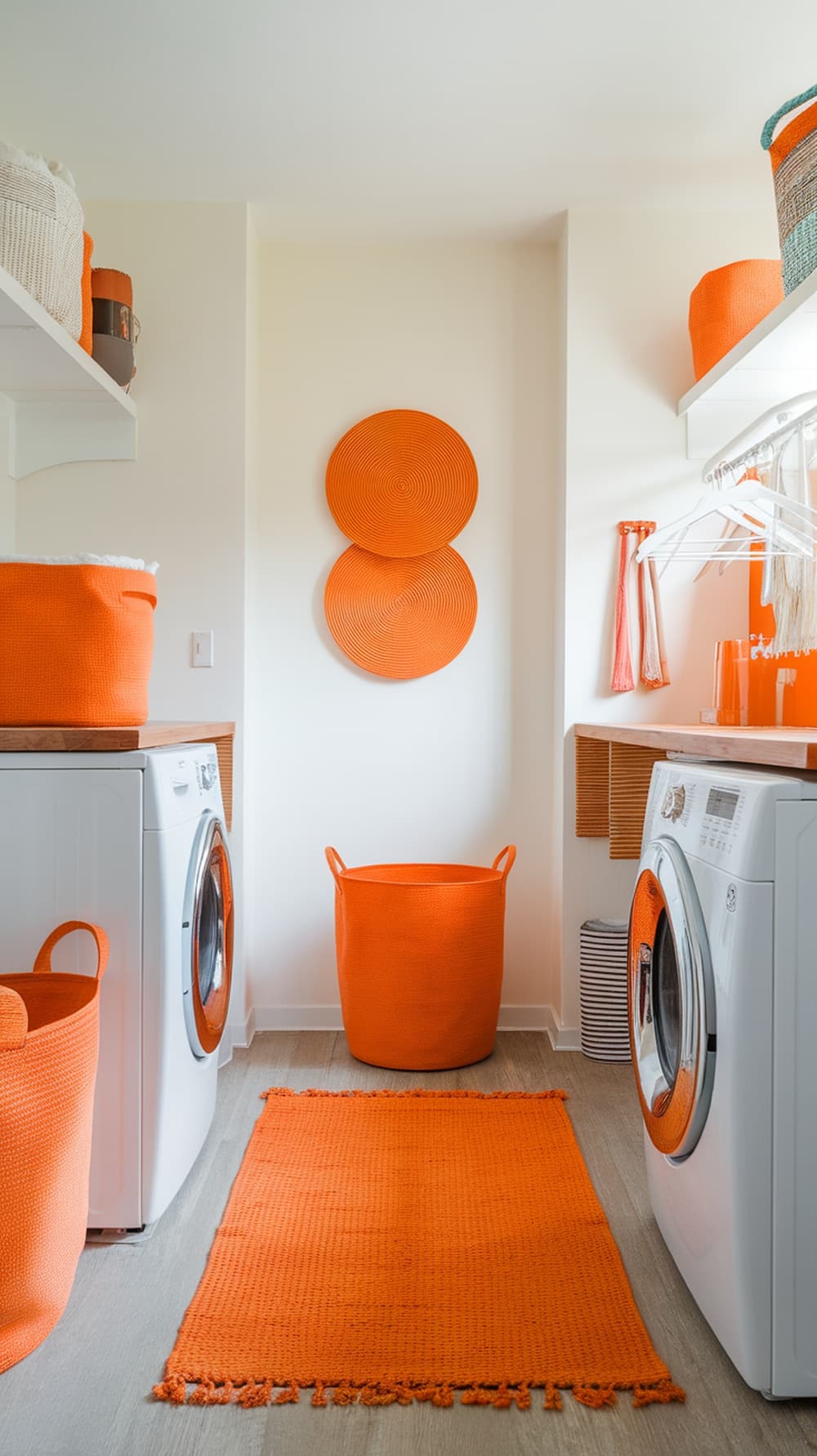 Bright orange laundry room accessories including baskets and a rug.