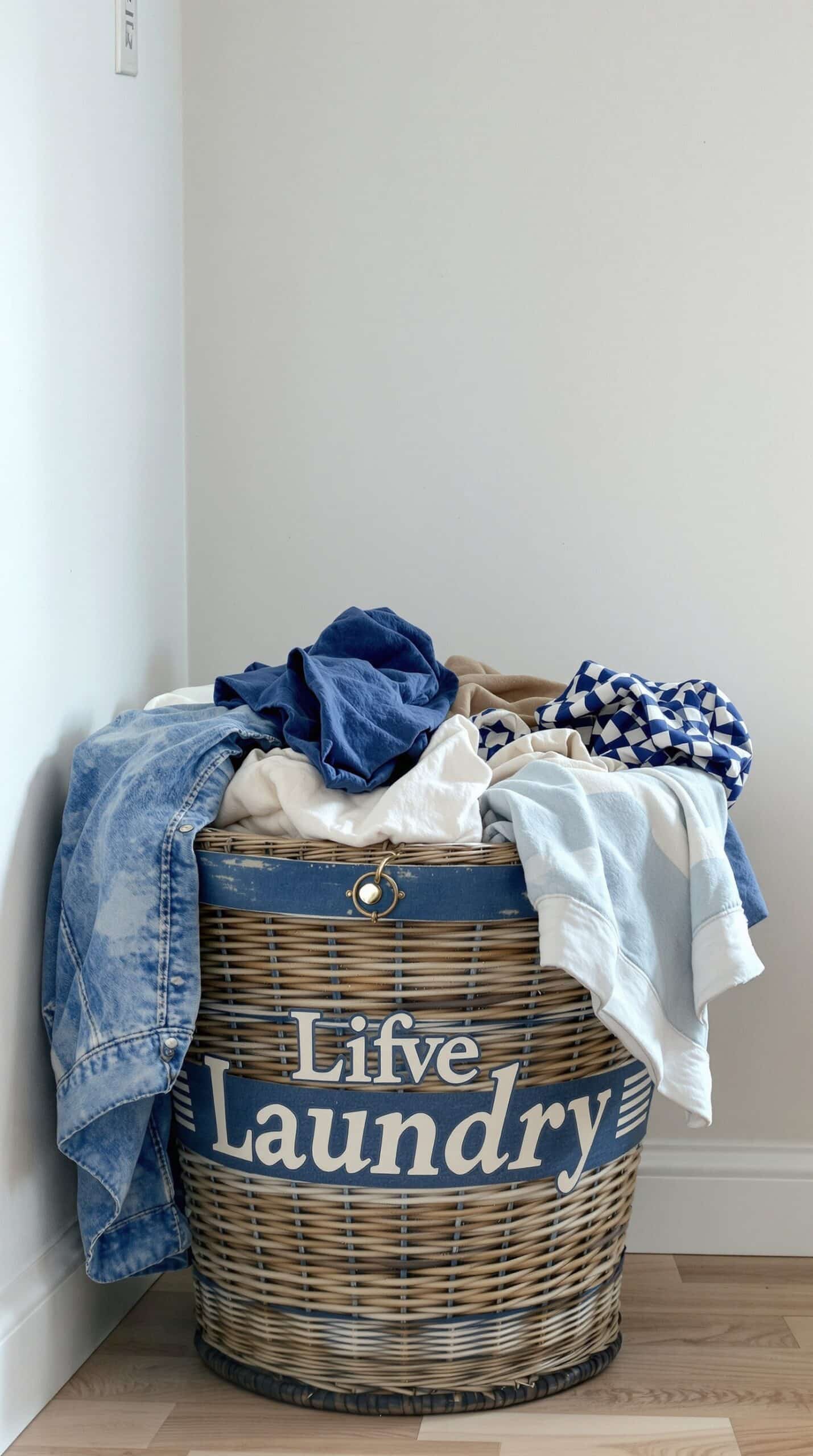 A vintage indigo laundry basket filled with clothes, featuring the words 'Live Laundry' on the side.