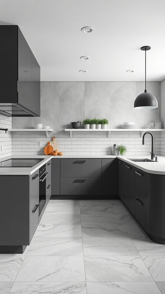 Modern kitchen featuring gray and black color palette with sleek cabinets and light countertops