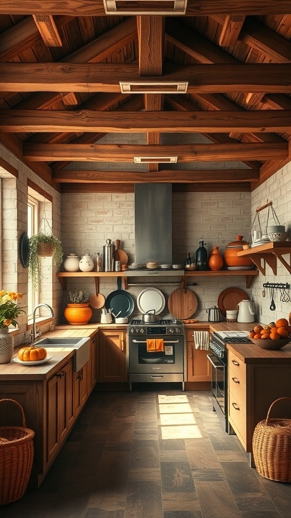 A rustic kitchen featuring wooden beams, warm rust orange accents, and natural light.