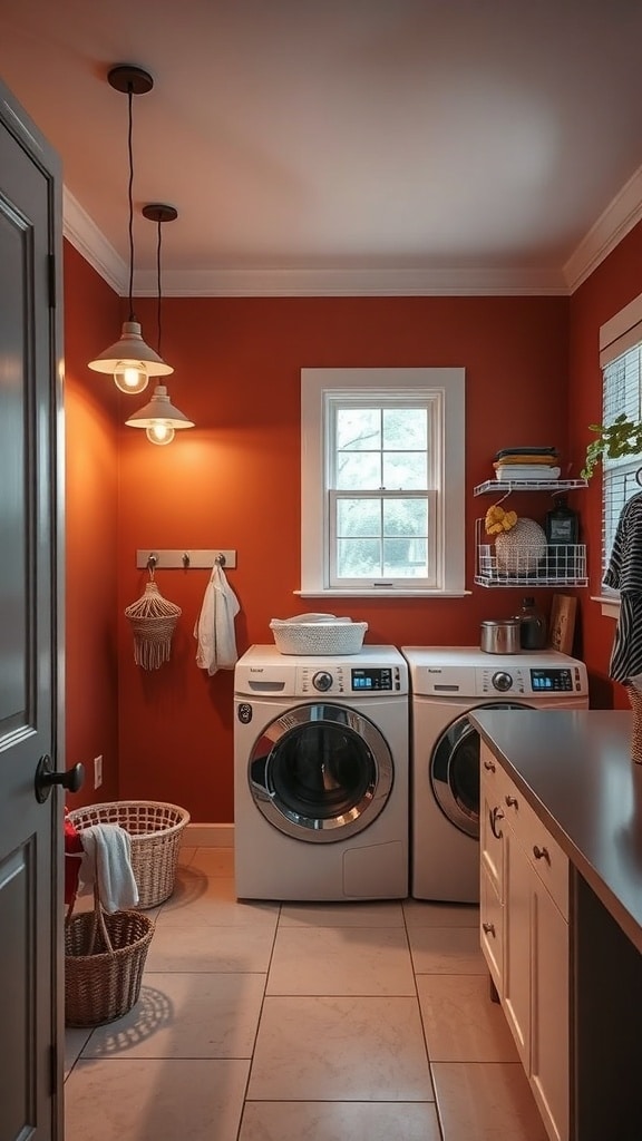 A bright laundry room with burnt sienna walls and modern appliances.