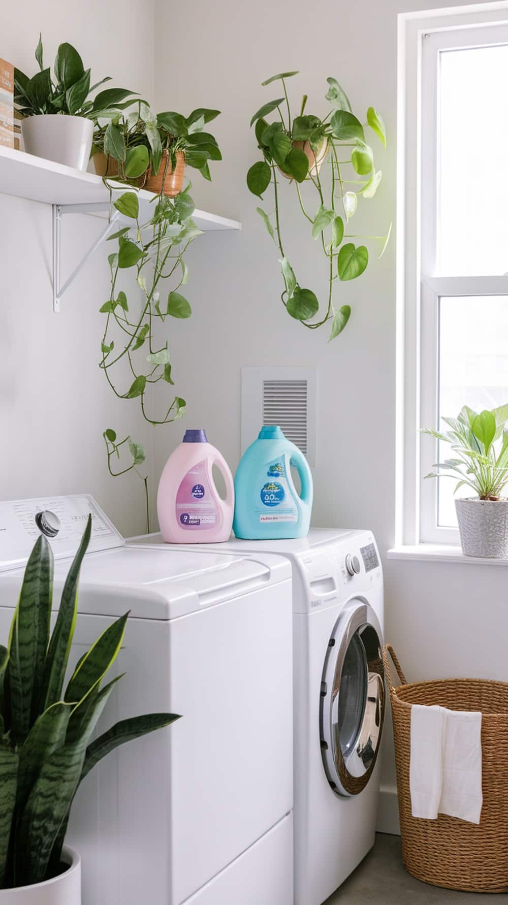 A bright laundry room featuring white appliances, hanging plants, and potted greenery on shelves.