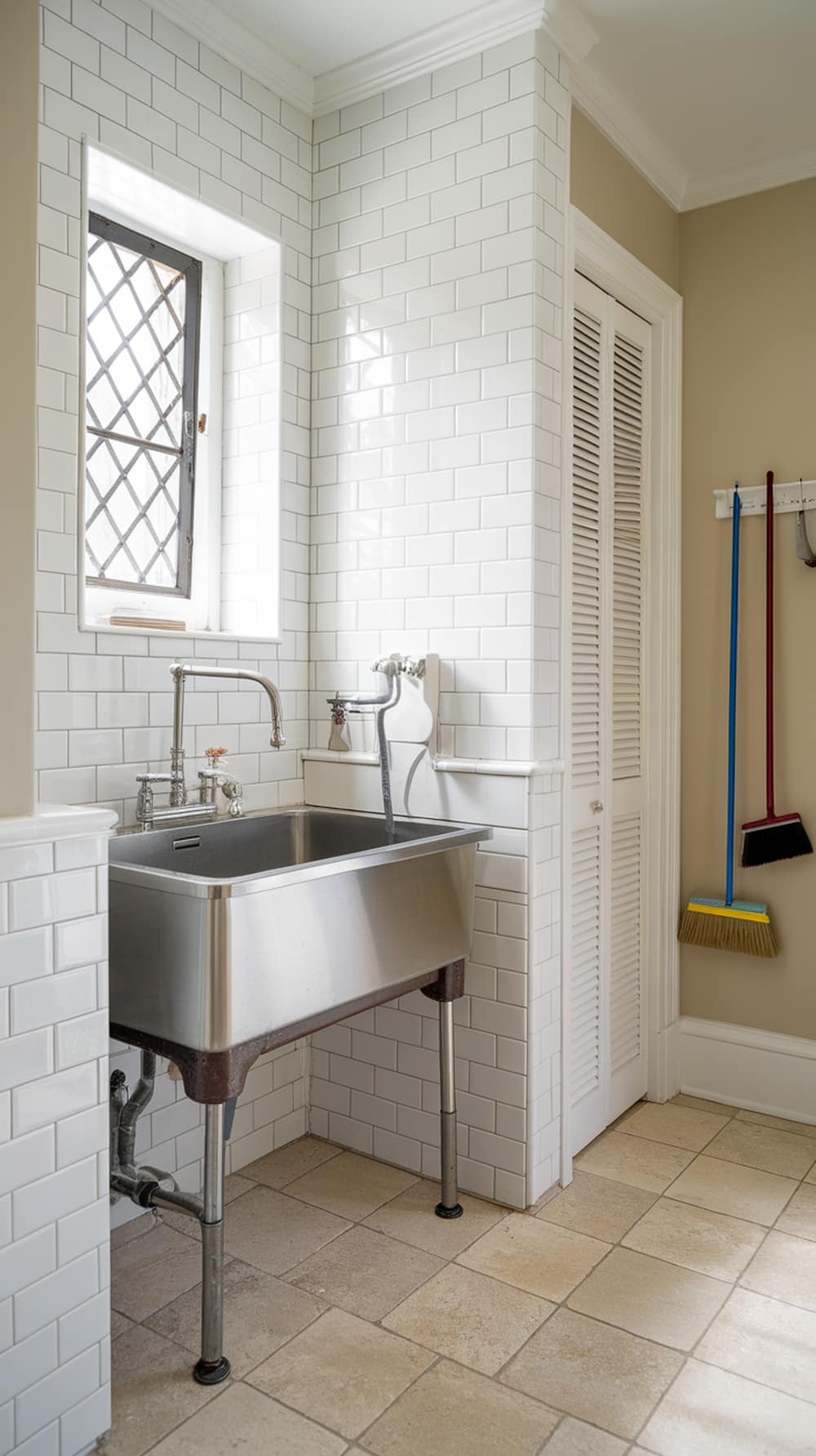 Laundry room featuring a clean white subway tile backsplash and a stainless steel sink.