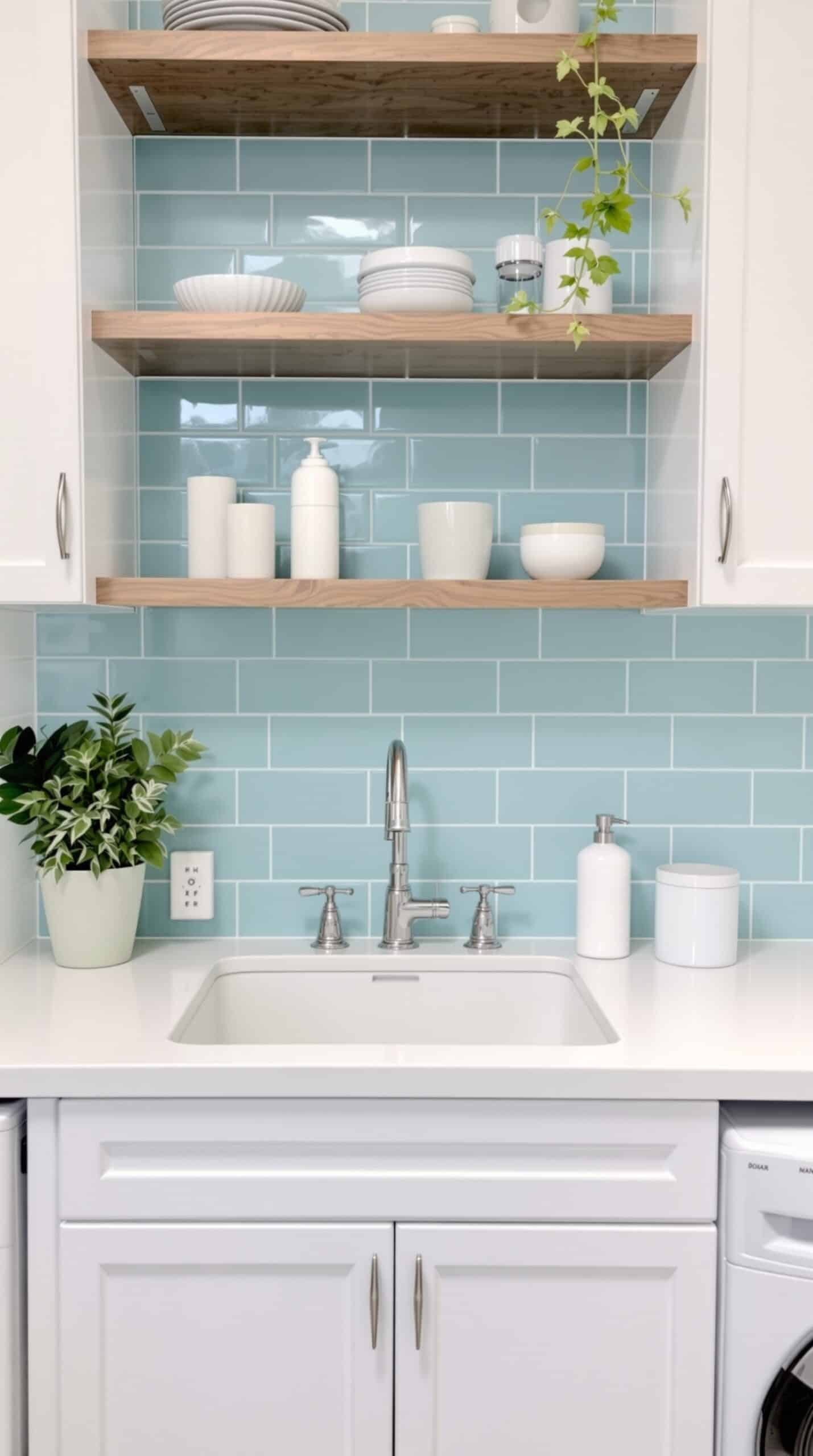 A light blue tile backsplash in a laundry room with open shelving and a potted plant.