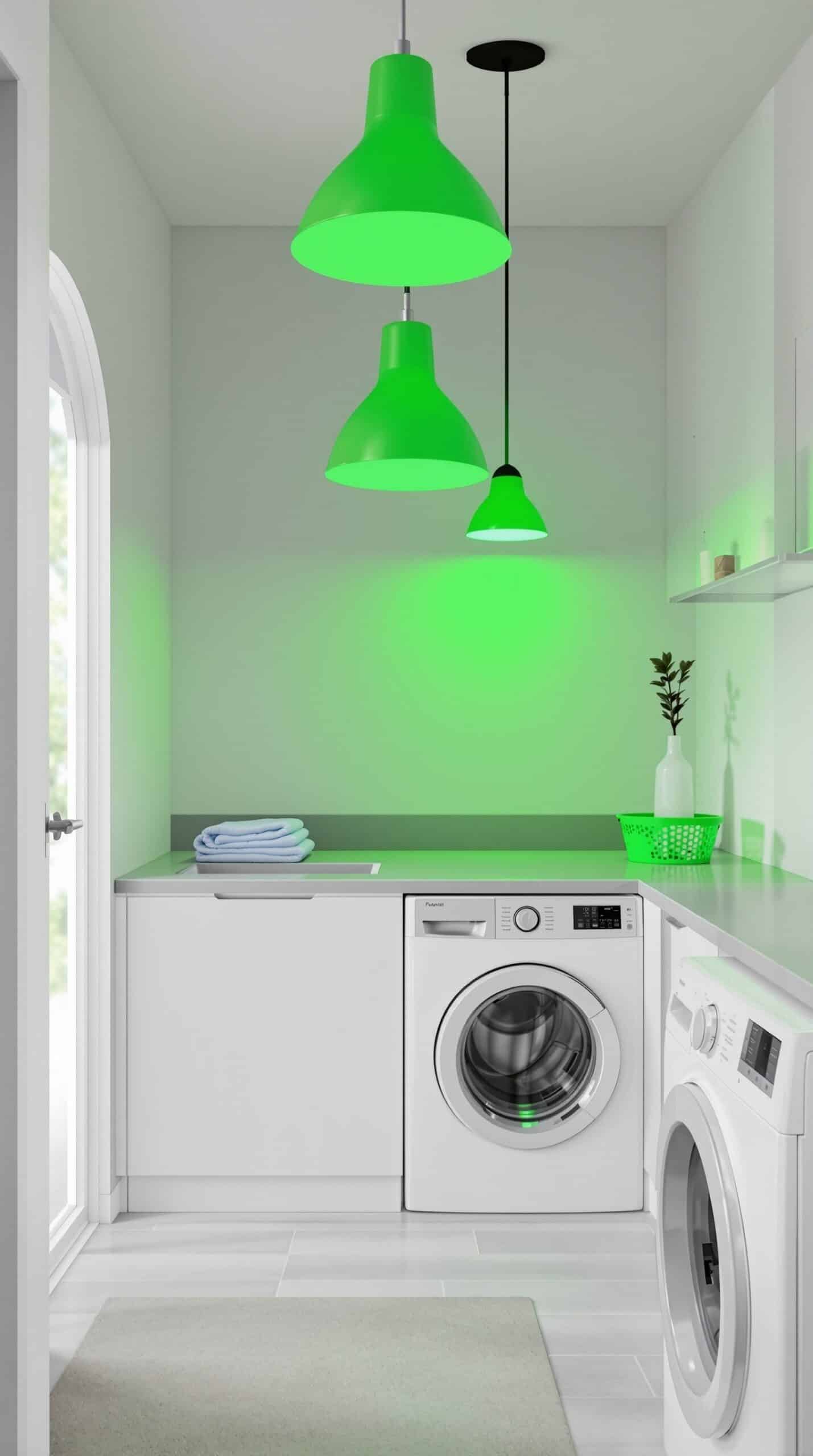 Bright green pendant lights in a modern laundry room