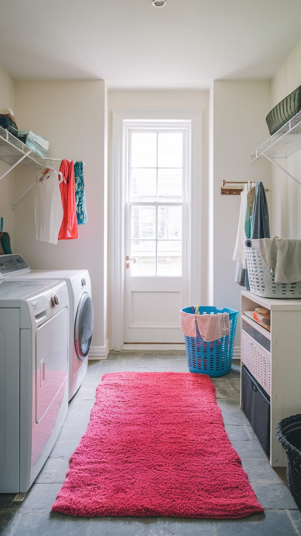A bright pink rug in a laundry room with a washing machine, colorful laundry baskets, and a window.