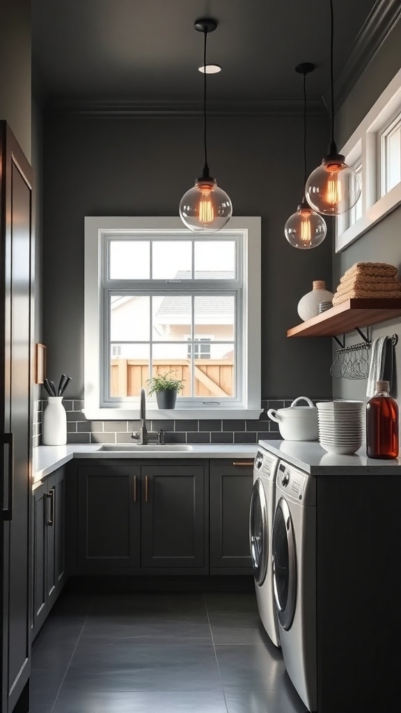 A modern charcoal gray laundry room with bright pendant lights and natural light from a window.