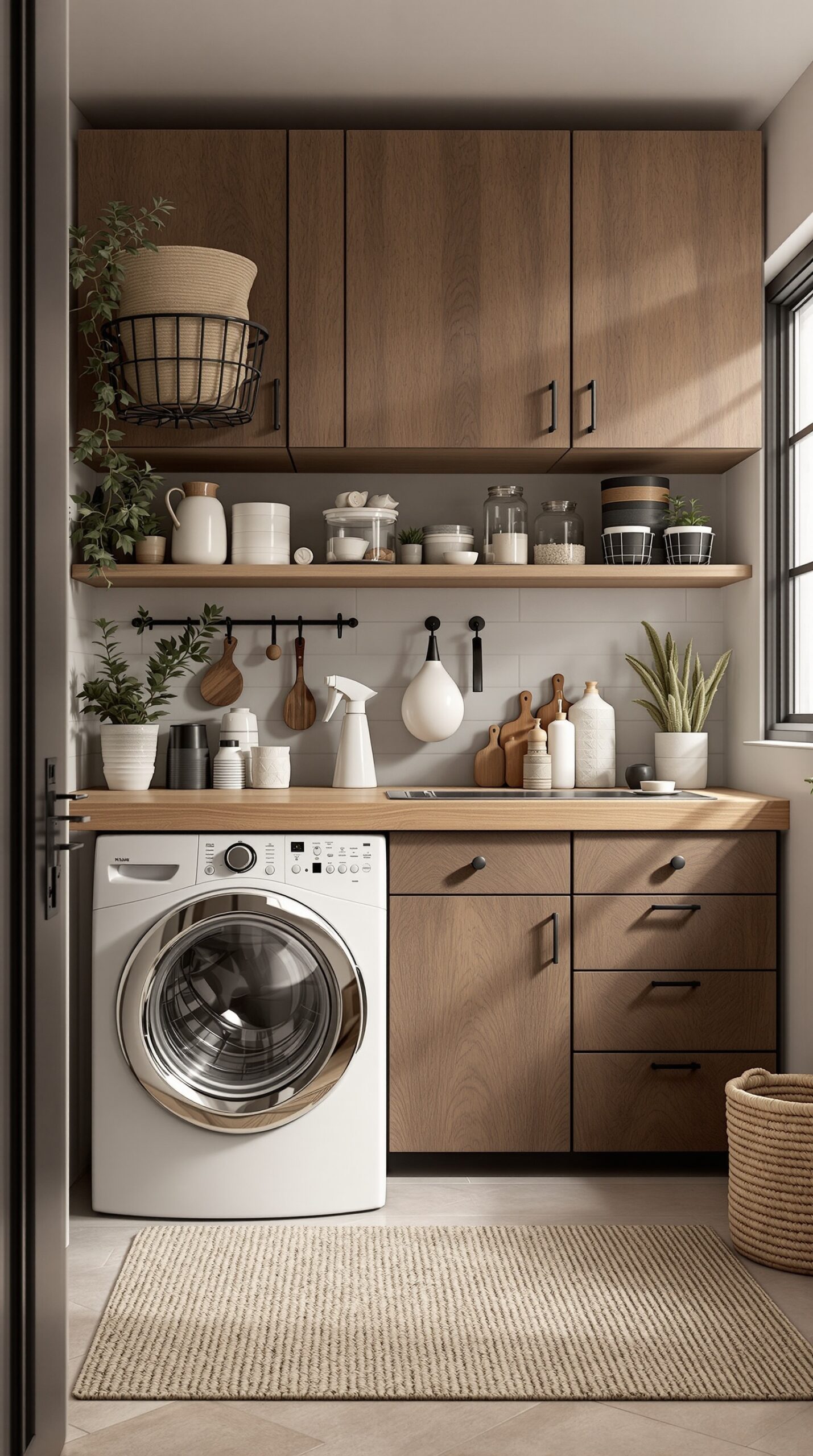 Stylish and functional laundry room with earthy brown cabinetry, open shelving, and organized storage.