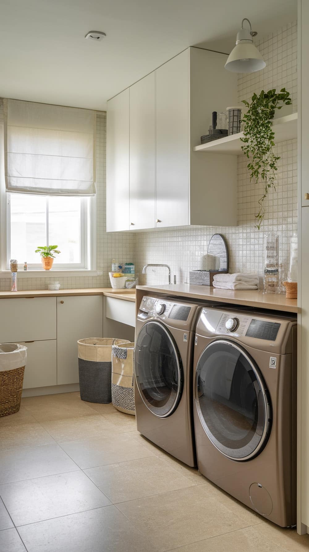 A contemporary laundry room featuring taupe washers and dryers, light cabinetry, and natural light from a window.