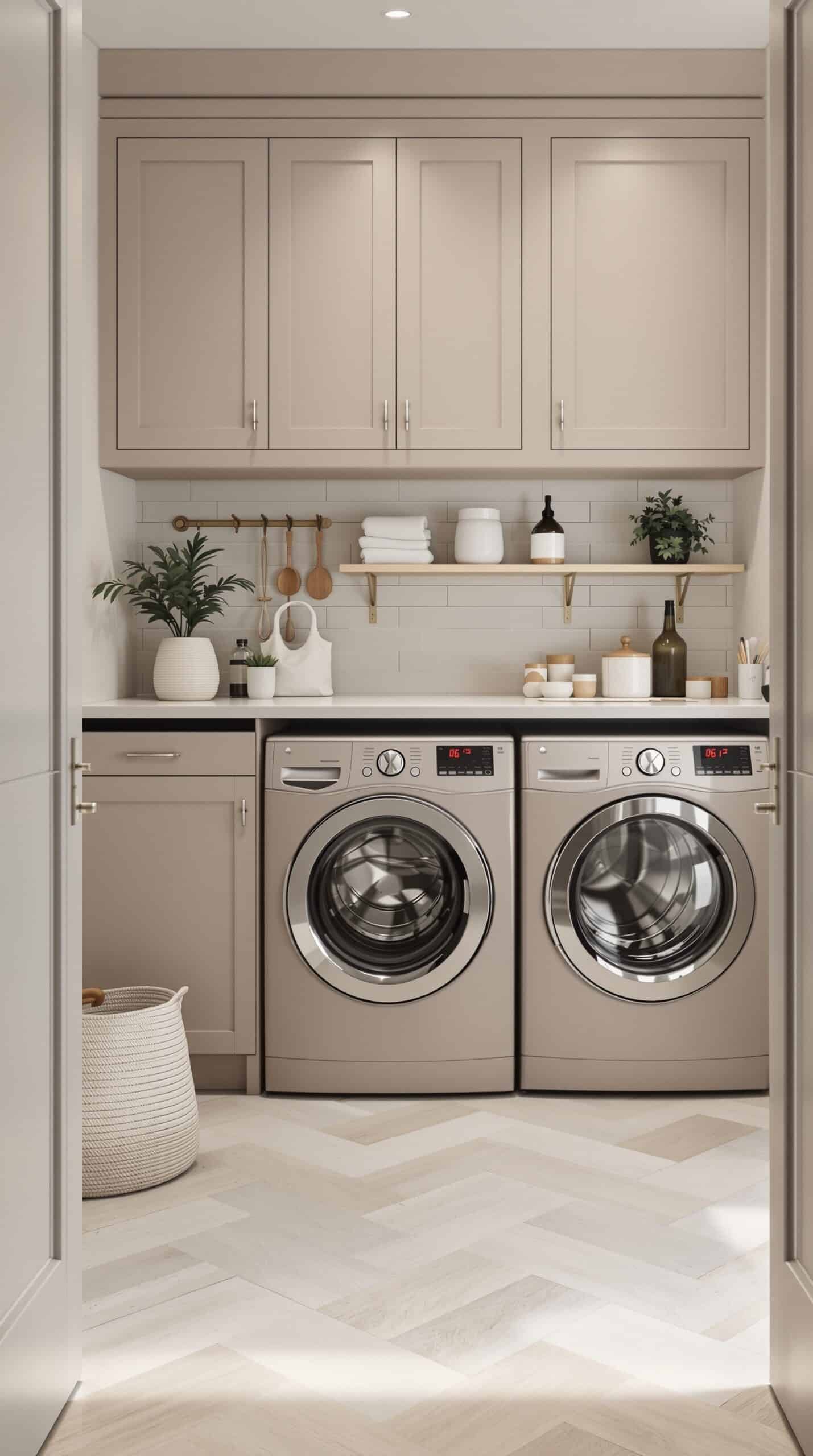 A minimalist greige laundry room with two washing machines, cabinets, and decorative elements.