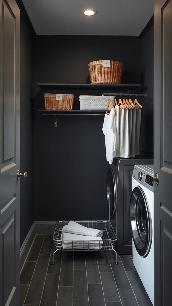 A modern charcoal gray laundry room featuring an integrated drying rack with open shelves above.