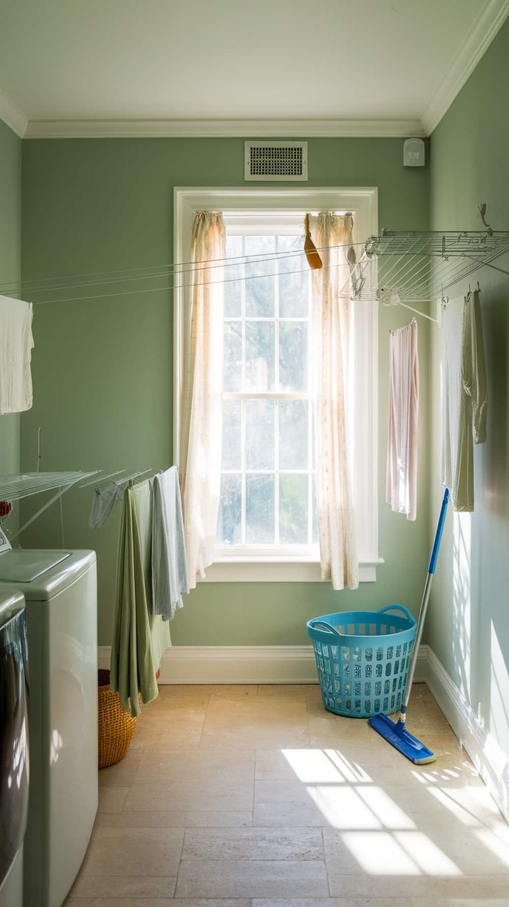 A laundry room with sage green walls, natural light from a window, and clothes drying on a rack.