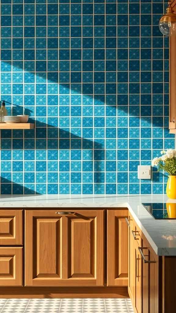 A bright peacock blue tile backsplash in a kitchen with wooden cabinets.