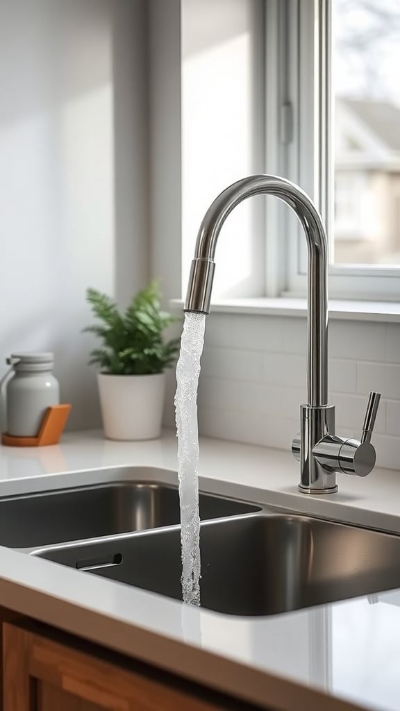A modern kitchen faucet with a water stream, showcasing a water-saving fixture