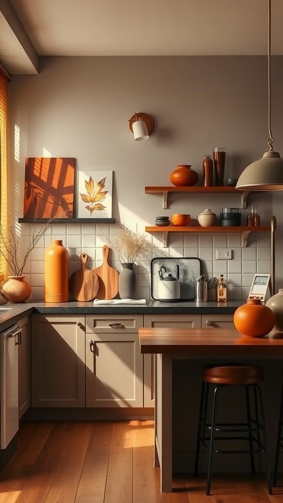 A cozy kitchen featuring rust orange decor elements, including vases and bowls, against neutral cabinets and wooden shelves.