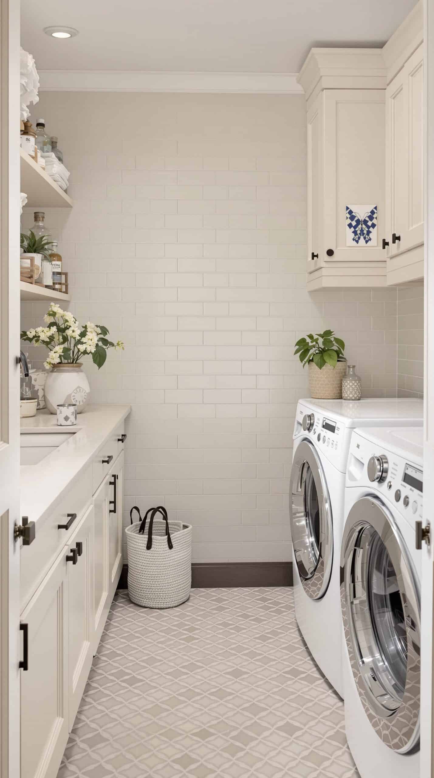 Chic laundry room featuring decorative tiles, cream walls, and stylish cabinetry.