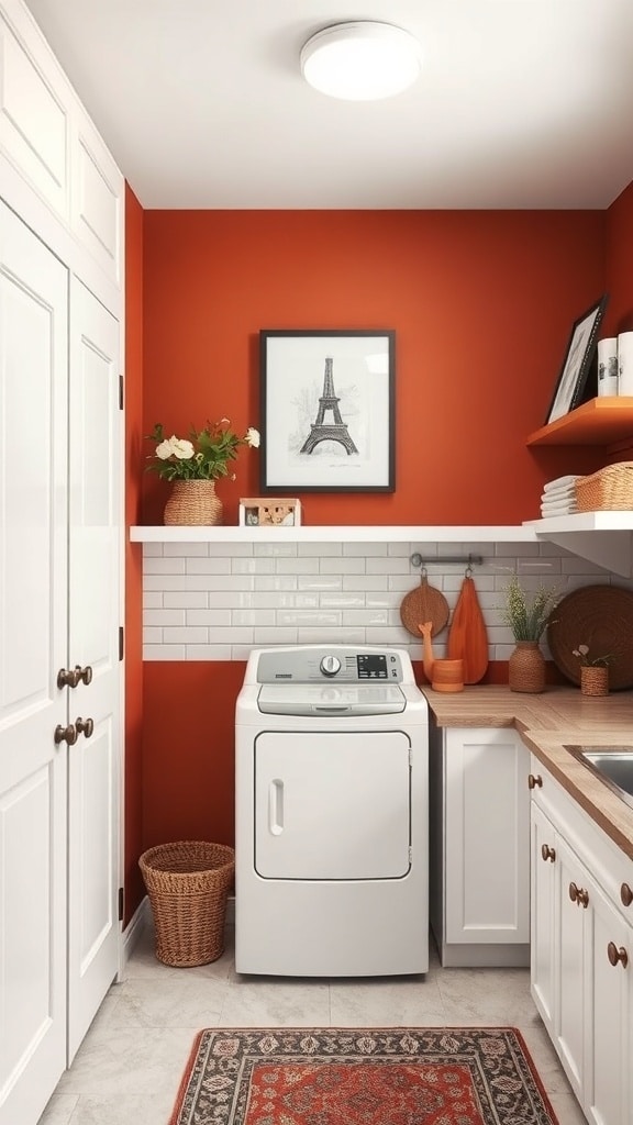 A cozy laundry room featuring warm burnt sienna walls and white accents, with a washing machine, decorative items, and a rug.