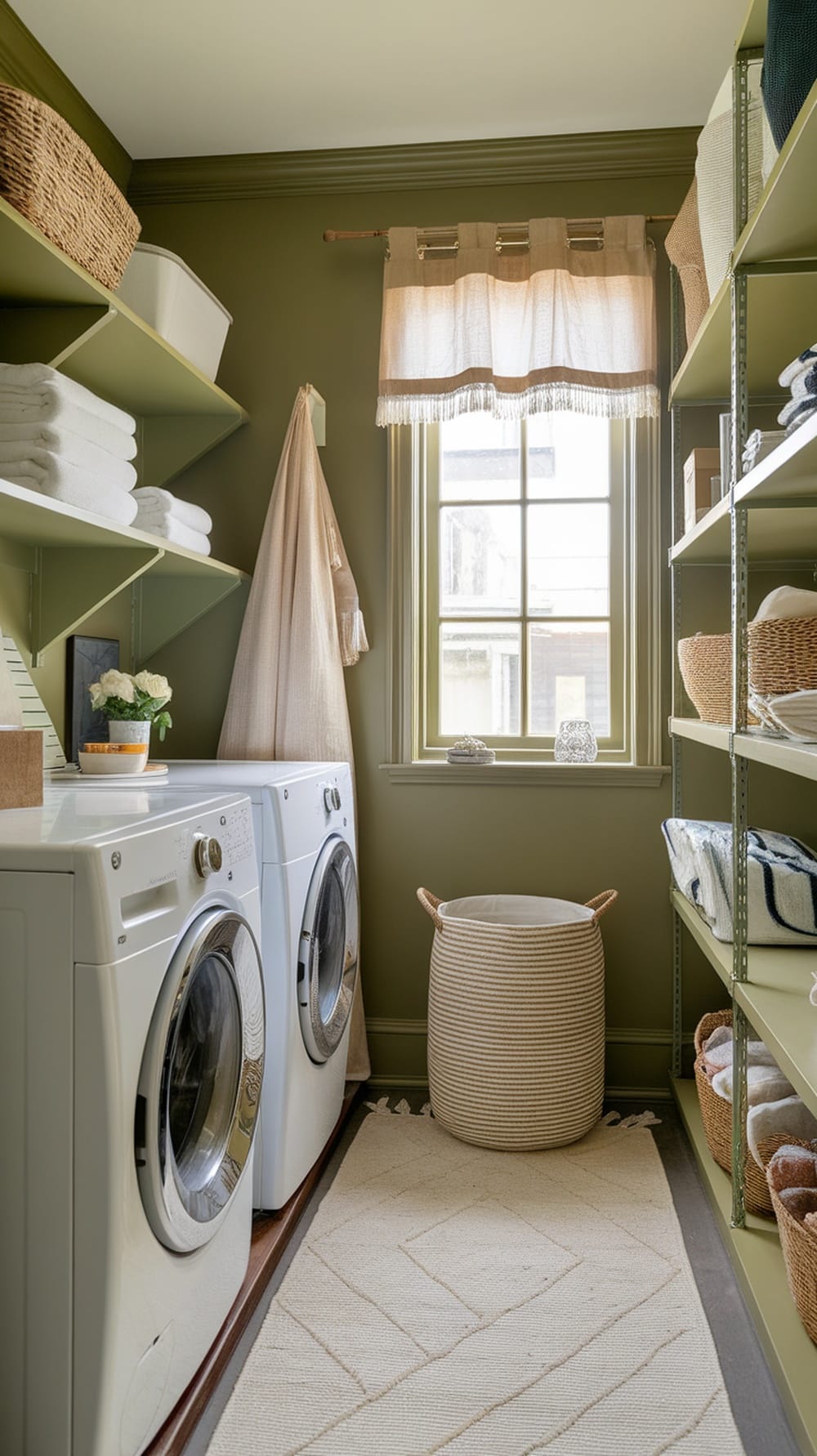 A stylish olive green laundry room featuring open shelves with baskets, neatly folded towels, and a cozy rug.