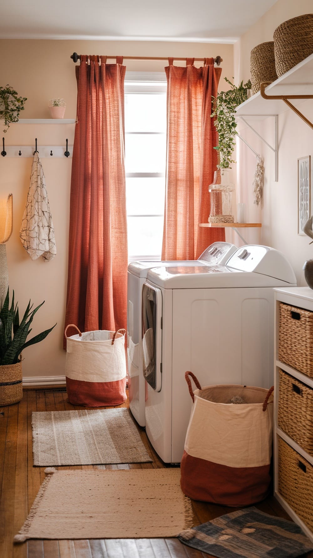 A laundry room featuring rust orange curtains, textured rugs, and woven baskets.