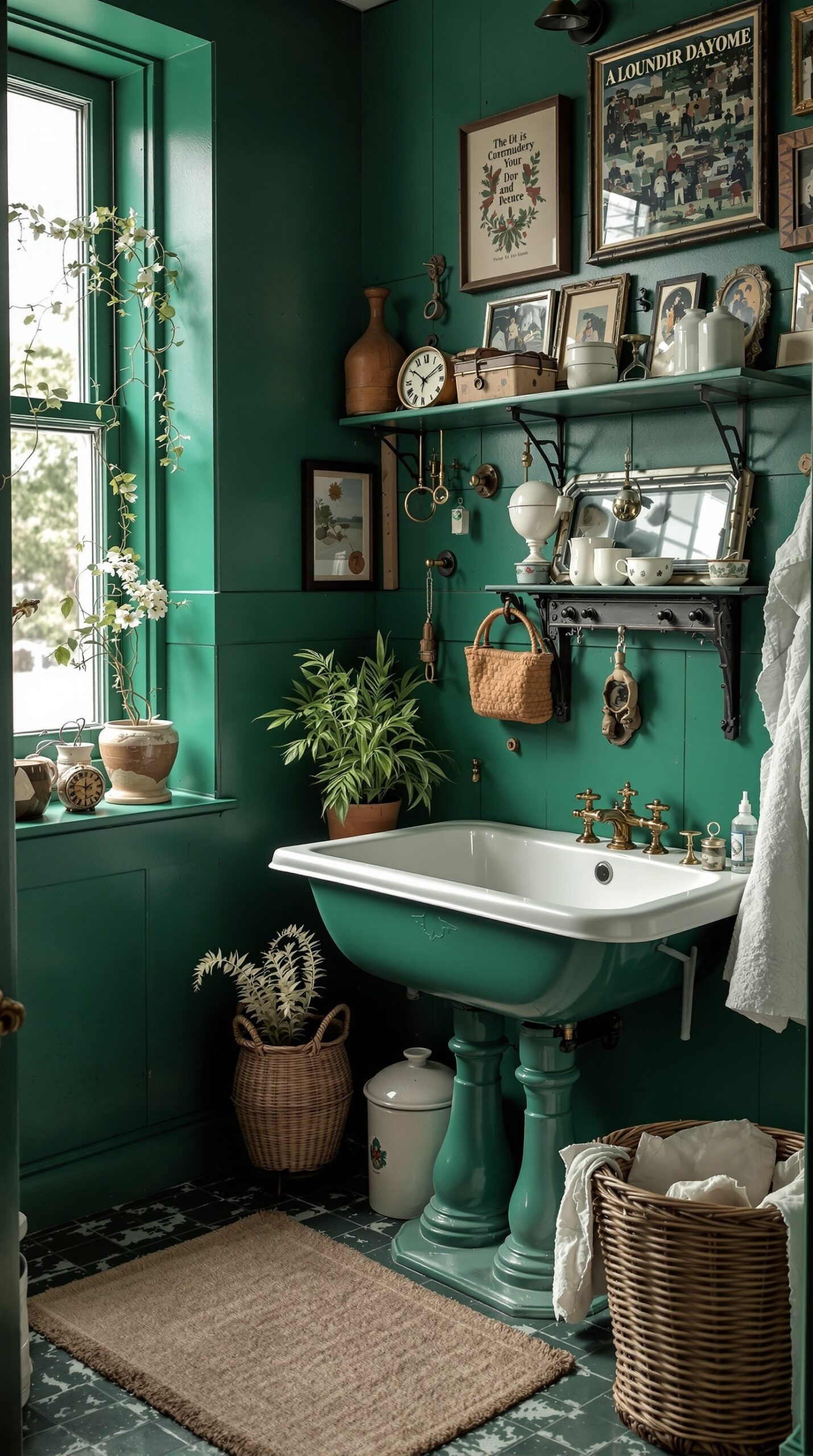 A vintage style wash basin in an emerald green laundry room with decorative elements and plants.
