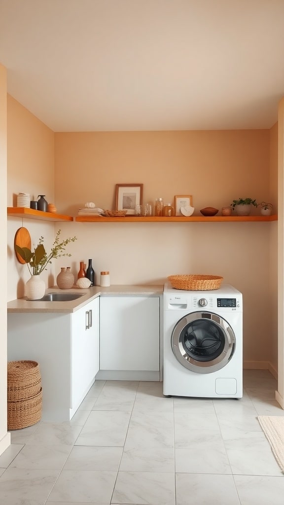 Stylish caramel laundry room with open shelving and modern appliances.