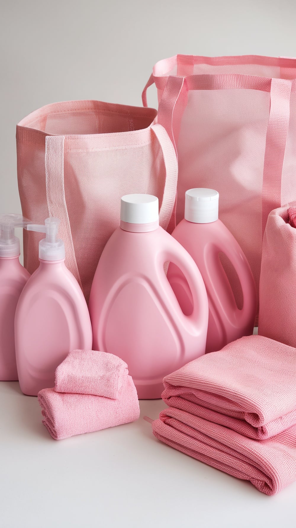 A collection of soft pink laundry accessories including detergent bottles, towels, and bags.